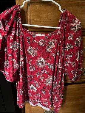Maurices Floral Puff-Sleeve Red Blouse